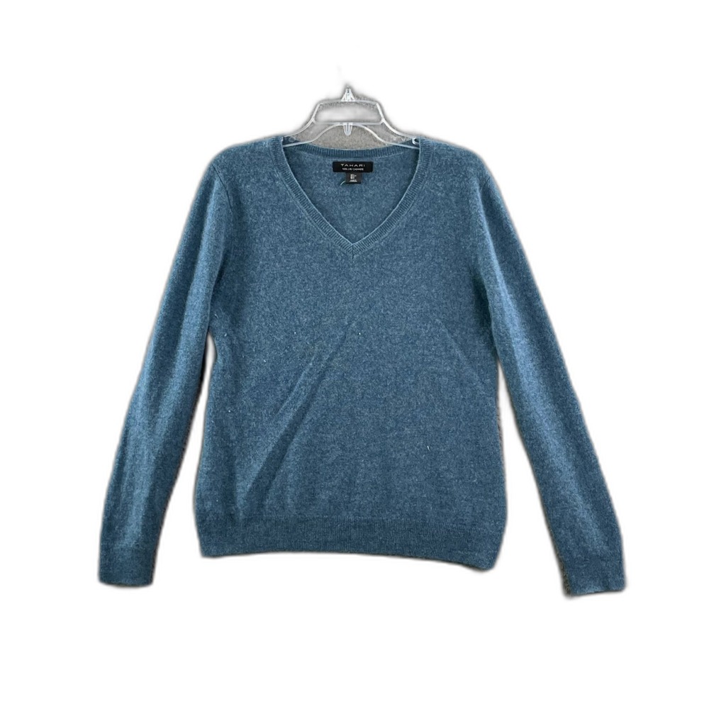 Tahari 2 Ply Cashmere Sweater Women Large V Neck Long Sleeve Pullover Minimalist